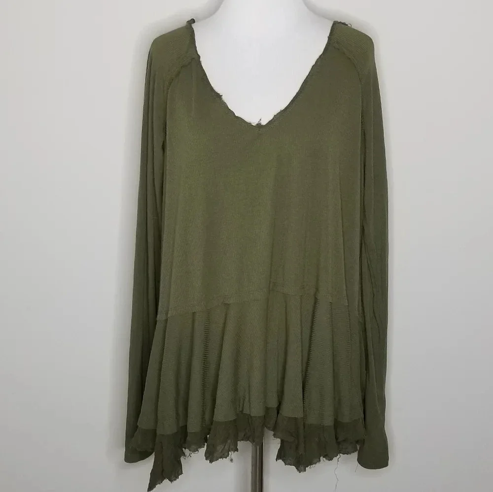 New Free People Tangerine Green Ruffled Top S